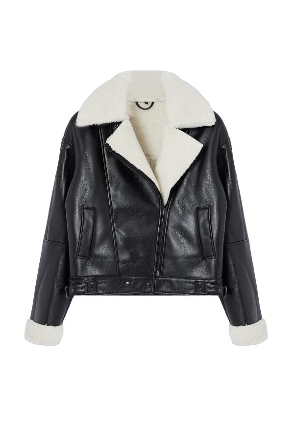 Trendyol Collection Oversize Faux Leather Biker Jacket Plush Detailed Black Twoaw25Mo00001 Trendyol