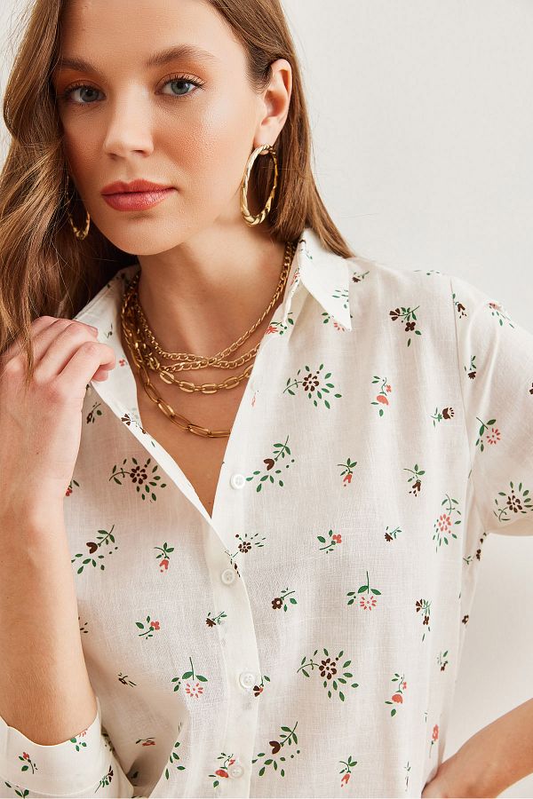 Olalook-Cămașă de in cu imprimeu floral mic pentru femei - cu manșetă coral GML- 19001248 1
