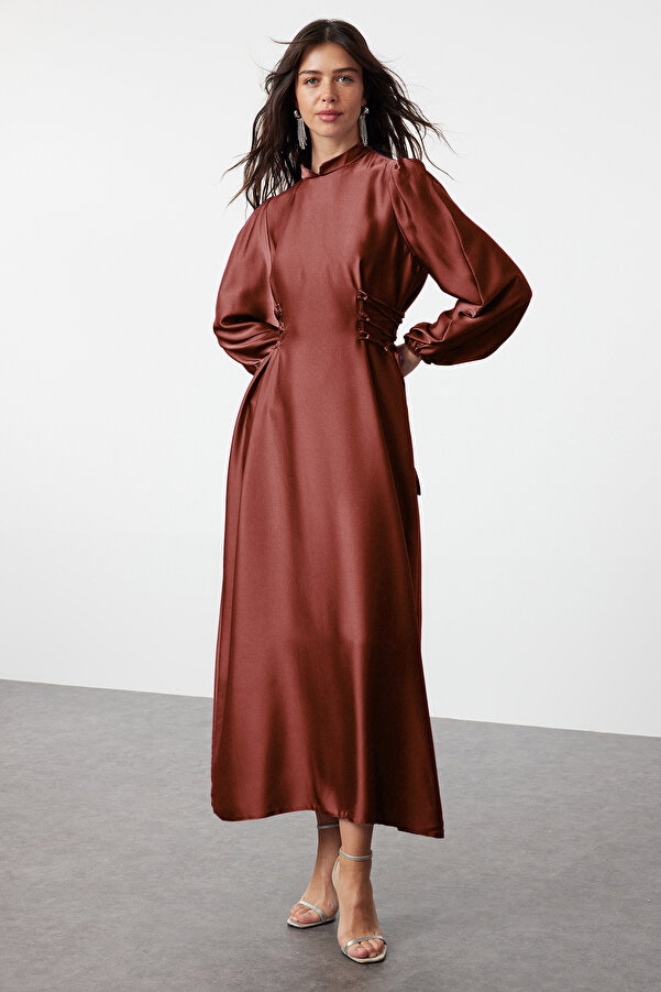 Trendyol Modest Brown Satin Evening Dress with Belted Waist