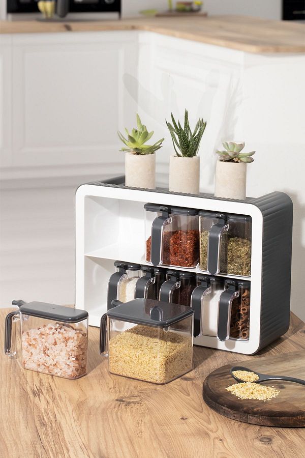 Porsima 0439 Premium Spice Rack Set 9 Pieces Stand Adhesive Lid with Spoon Anthracite White Trendyol
