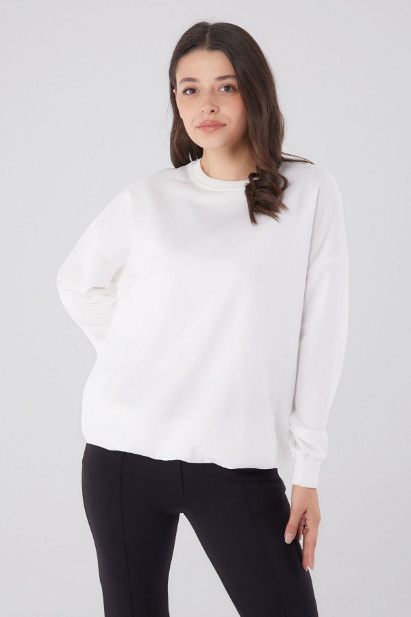 TOF SA White Cuffed Women s Sweatshirt Plain Crew Neck 26046 Trendyol