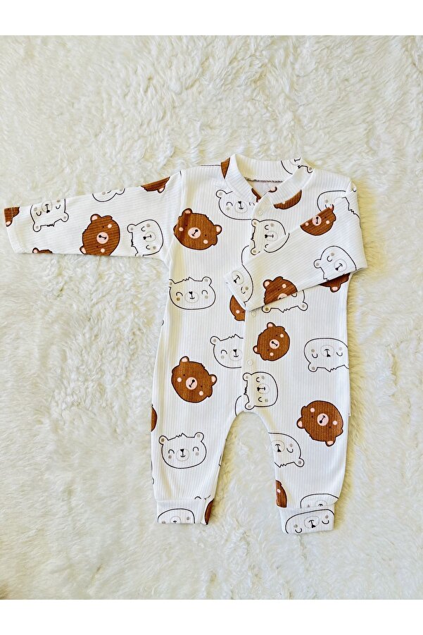 anne dokunuşu gibi KUZUM BEBE Kahve Ayıcık Figürlü Fitilli Kumaş Kız Erkek Bebek Pamuk Kumaş Çıtçıtlı Tulum