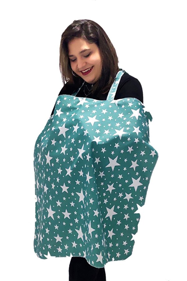 Bundeba Anne Emzirme Örtüsü Ayarlanabilir Boyun Kısmı Bebek Emzirme Önlüğü Yeşil Yıldız 85x70