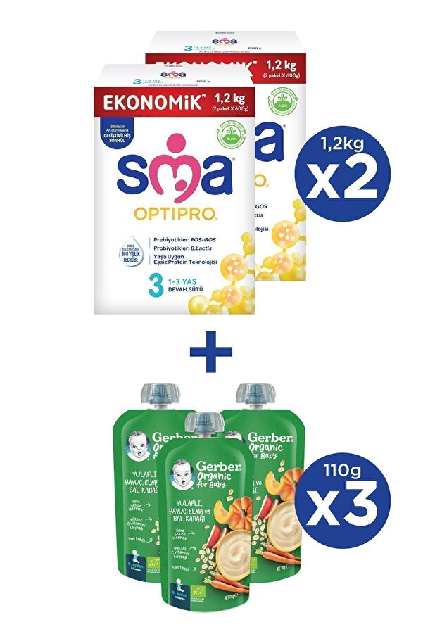 SMA OPTIPRO 3 1-3 yaş Devam Sütü 2x1200g + GERBER ORGANIC Yulaflı, Hav., Elm., Balkab. Püresi 3x110g