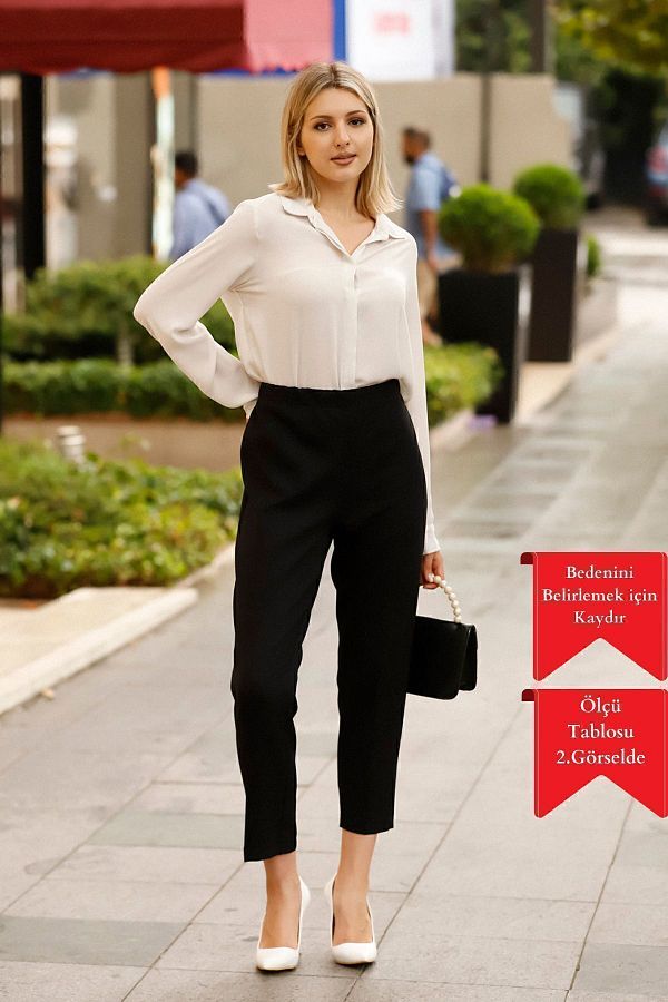 Feela Moda-1001 Pantaloni de damă țesuți cu lycra cu talie înaltă cu picior de morcov negru 1