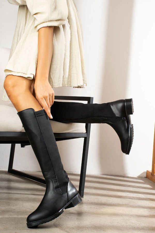 Imagine-Lofty Leather Look Zippered Back Flexible Stretch Below Knee Long Boots 1