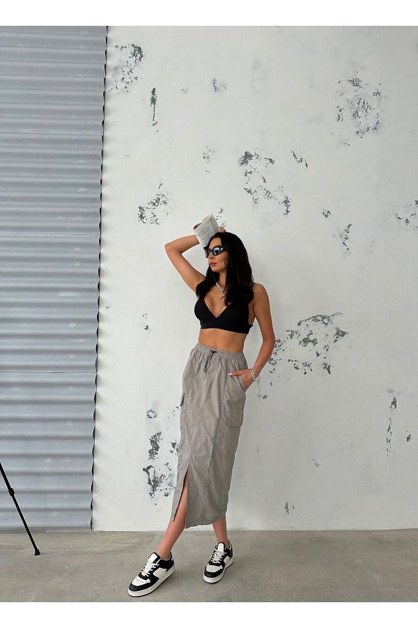Zeo Basic-Parachute Fabric Midi Skirt Gray with Waist and Leg Elastic with Cargo Pockets 1