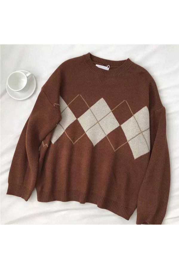 Köstebek-Plaid Patterned Retro Vintage Oversize Sweater - Diamond Design 1