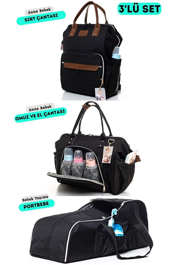 Sahra 3'lü Doğum Seti (BEBEK BAKIM OMUZ ÇANTASI, BEBEK BAKIM SIRT ÇANTASI VE PORTBEBE)