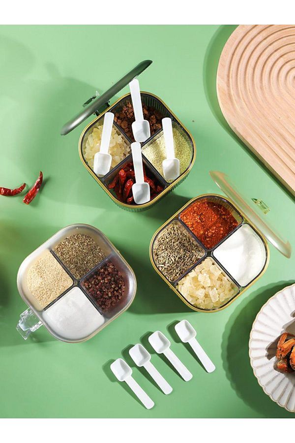 Rembox 4 Compartment Portable Spice Rack with Spoon Decorative Countertop Table Top Crystal Spice Rack with Handle Trendyol