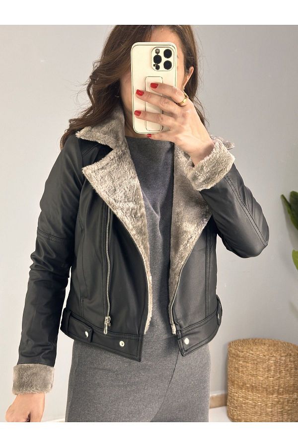 Nostra Stile leather jacket with fur inside Trendyol