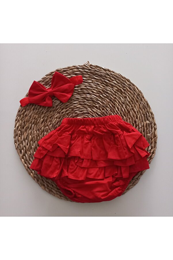 MARS BABY Kız Bebek Kırmızı Fırfır Şort Etek ve Bandana Takımı