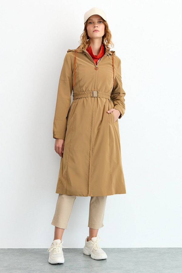 Nihan Clip Belted Sports Trench Coat Cap Camel Trendyol
