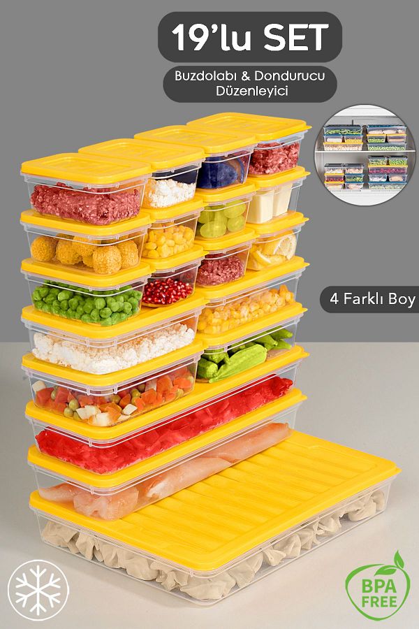 Meleni Home-19 Pieces Microwave Compatible Organizer Storage Container - 1X2400Ml 2X1170Ml 4X600Ml 12X240Ml Yellow 1