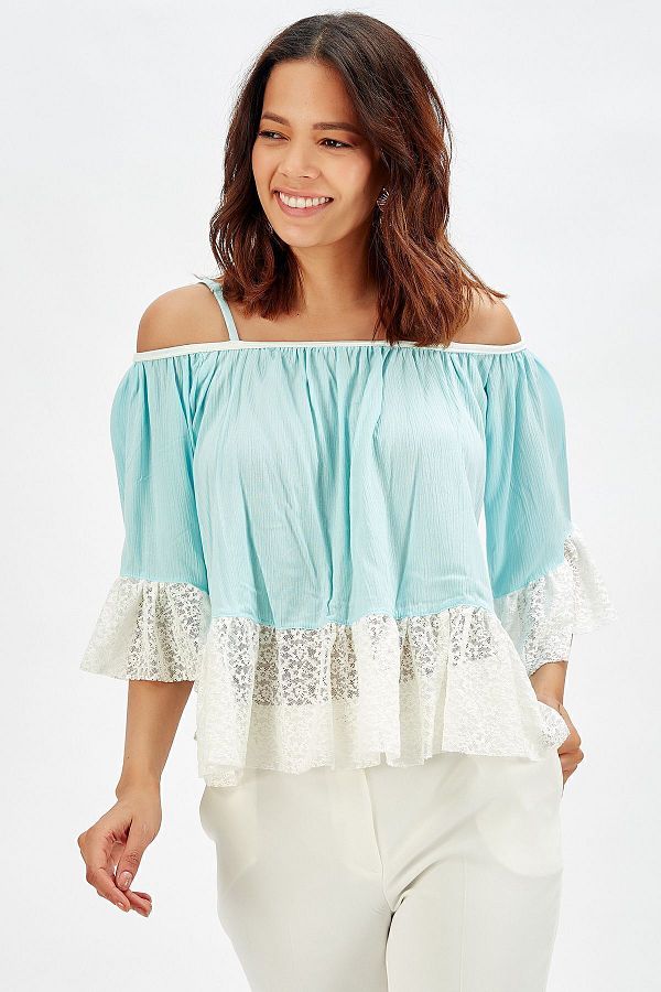 Sense-Rochie de seara din stofa Sile albastru deschis - Bluza cu bretele cu volane si maneci 1