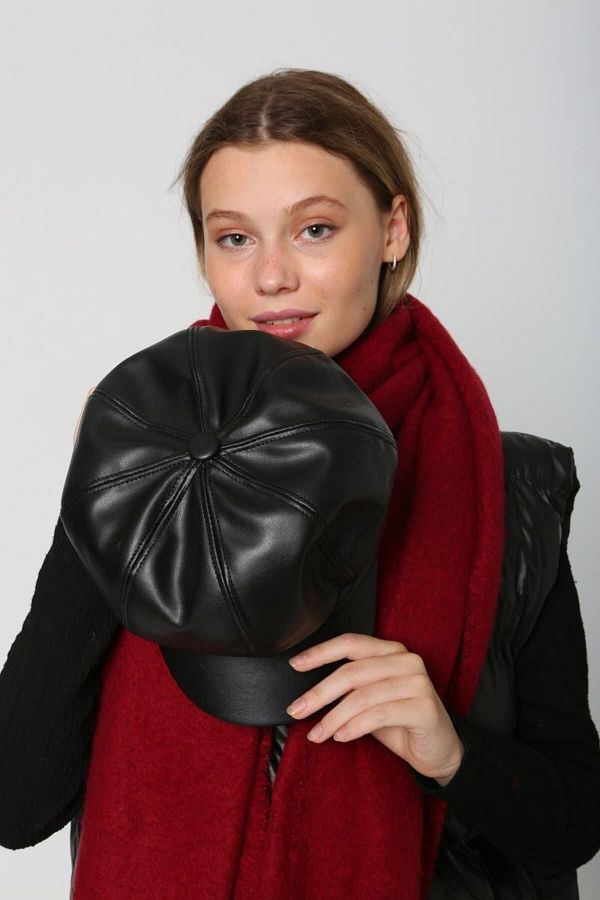 Luminos Butik-Black Leather Hat - Button Detailed and Visor Design Spk1131 1