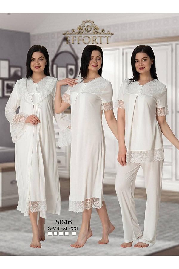 Effortt Women s White Maternity Guipure Nightgown Dressing Gown Pajamas Set Set of 4 Trendyol