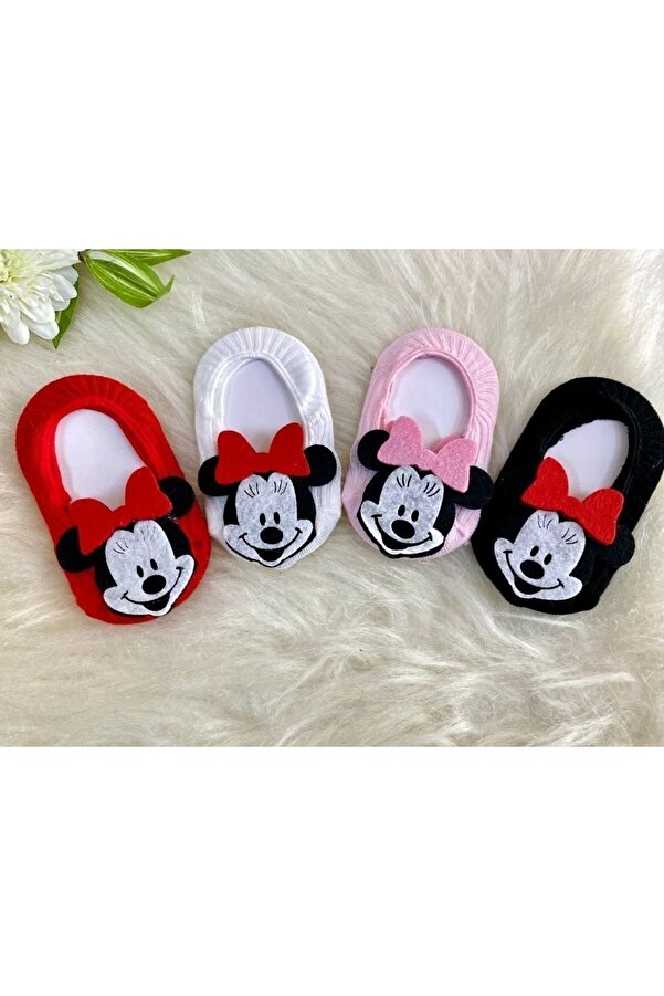 happykidssocks Kız Bebek Kırmızı Beyaz Pembe Siyah Mickey Aksesuarlı Babet Çorabı  4 Adet