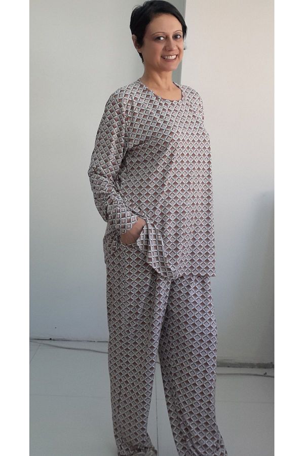 Mertcan Butik-Mink Brown Patterned Combed Cotton Viscose Pajama Set - Top and Bottom Set 1