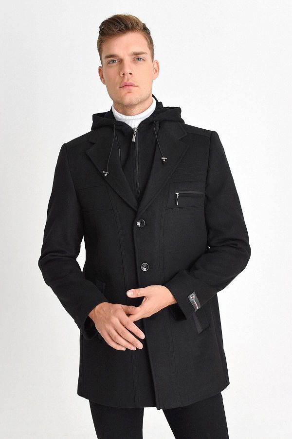 DYNAMO-Men's Black Wool Blend Cashmere Hooded Coat with Zipper and Buttons on the Front 1