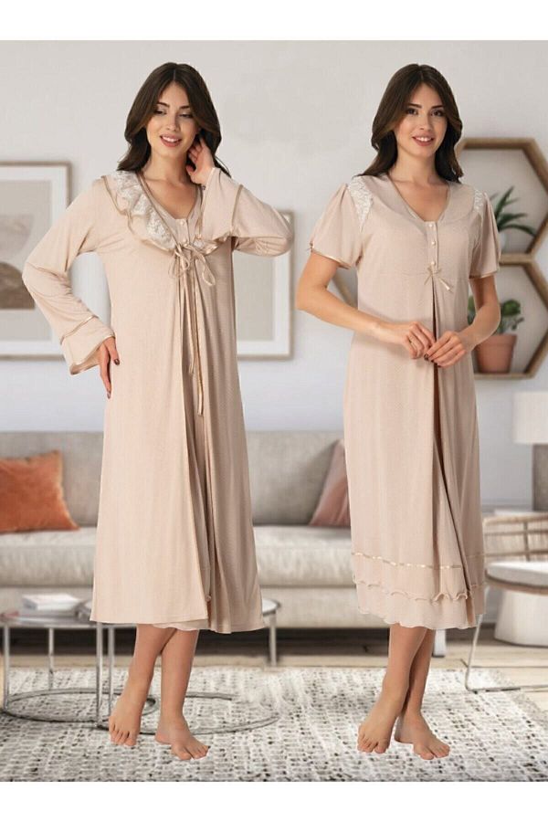 Effortt Short Sleeve Maternity Nightgown Dressing Gown Set 8025 mink Trendyol