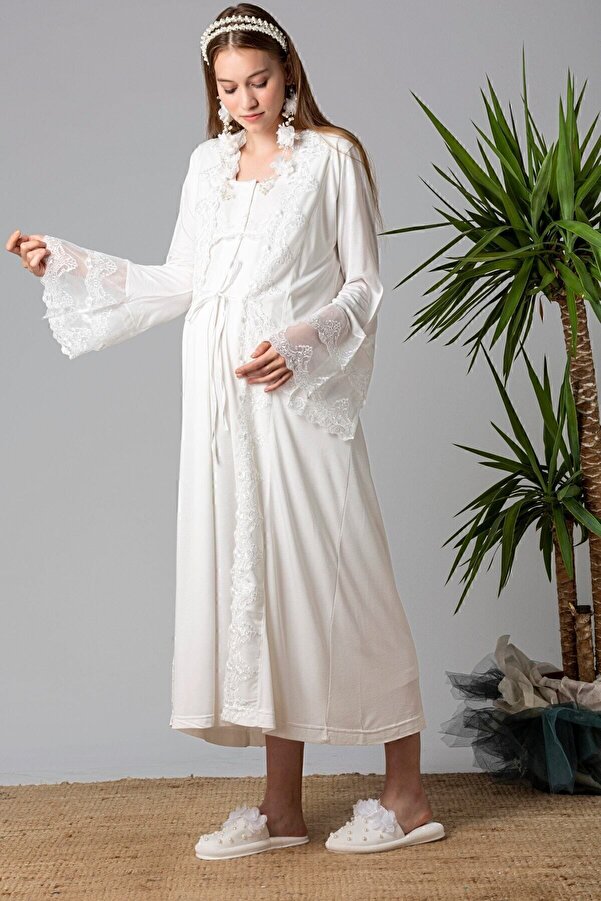 ByLohusa Effortt Ekru Sabahlıklı Hamile Lohusa Gecelik Takım