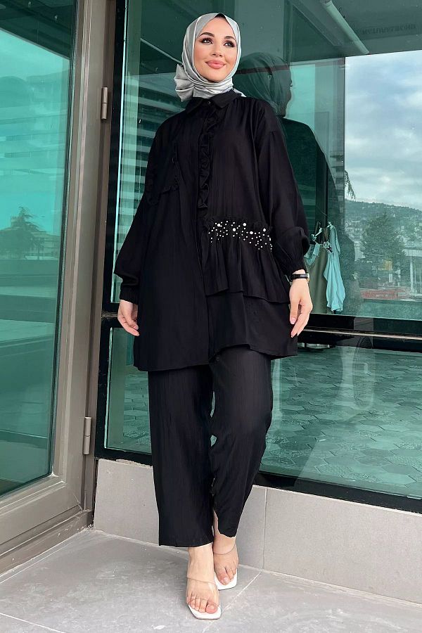 julude-Hijab Double Suit - Black Drawstring Pearl Tunic and Trousers 1