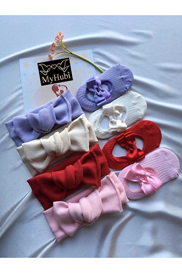 MyHubi 8'li Kombin El Yapımı Kız Bebek Fiyonk Bandana & Babet Çorap