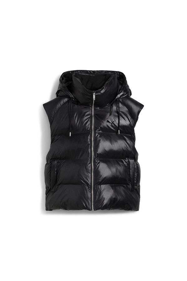 Womens shiny black puffer vest discount