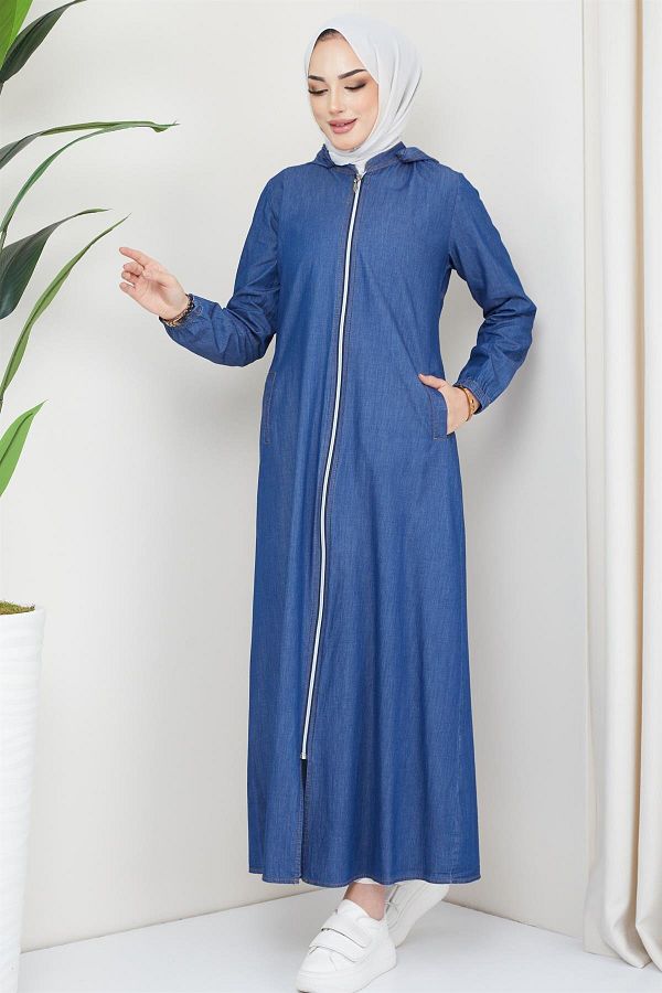 hafsamina Denim Abaya with Button Detail on the Back Dark Blue Trendyol