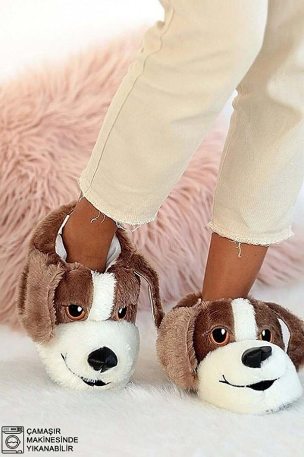 KCMN Kocamlar Cute Dog Figured Unisex Animal Slippers Brown Trendyol