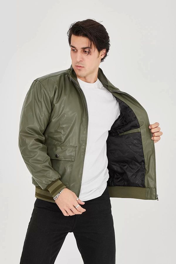 Dark green faux leather jacket sale