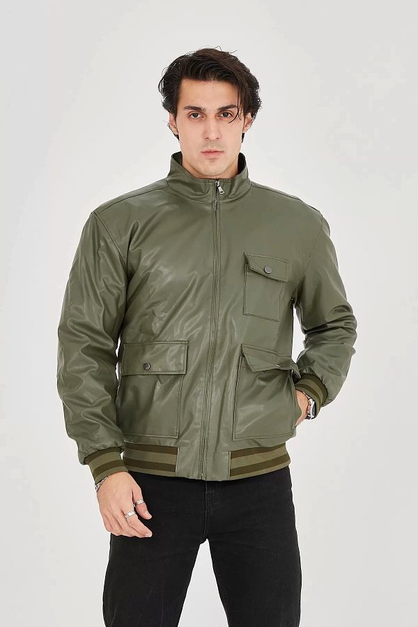 LUSH OWEAR Dark Green Men s Faux Leather Jacket Zippered and Lined Trendyol