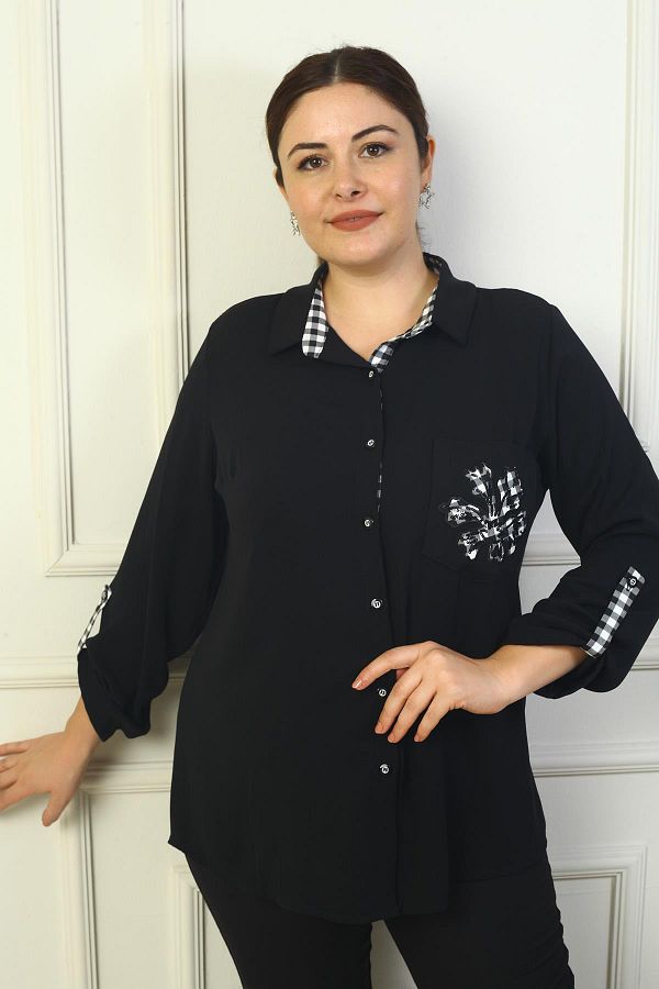 By Saygı-Plus Size Viscose Shirt - Pocket Applique and Sleeve Fold 1