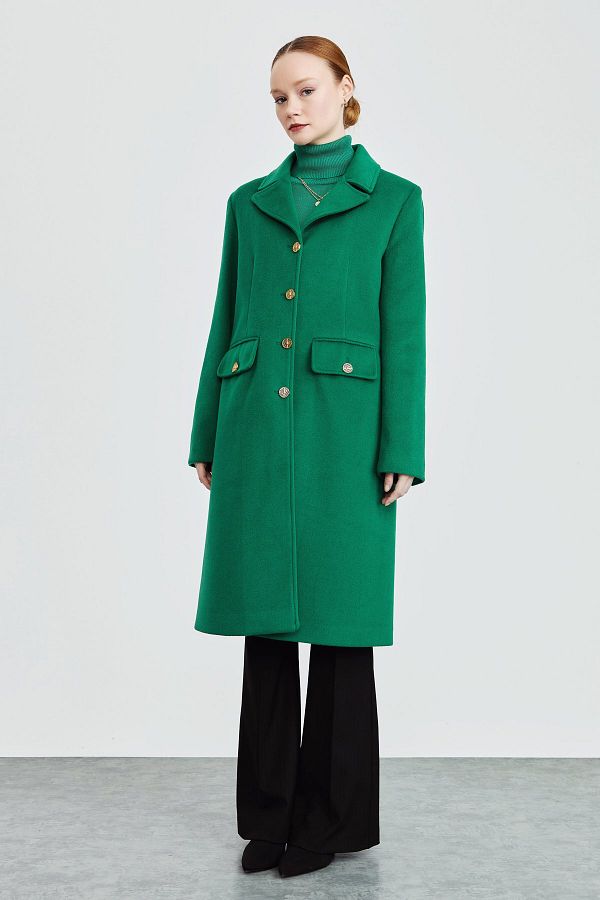 Nihan Gold Buttoned Coat Benetton Green Trendyol