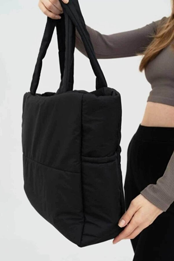 woys Siyah Kabartmalı Pamuklu Kumaş Shopper Çanta -Okul Omuz Çantası