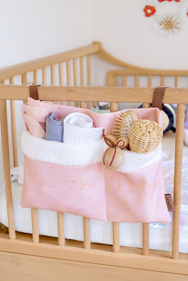 HAMUR Pratik Askılı Organizer Bebek Arabası Beşik Kenar Fluffy Organizer Solid P. Pembe