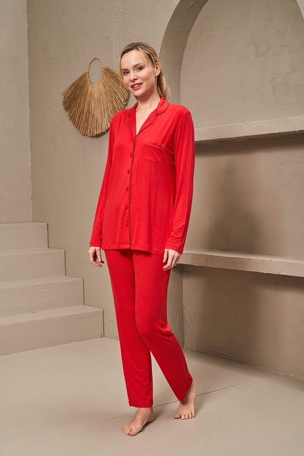 Pjs Pijama 25167 Women s Collared Buttoned Long Sleeve Red Pajama Set Trendyol