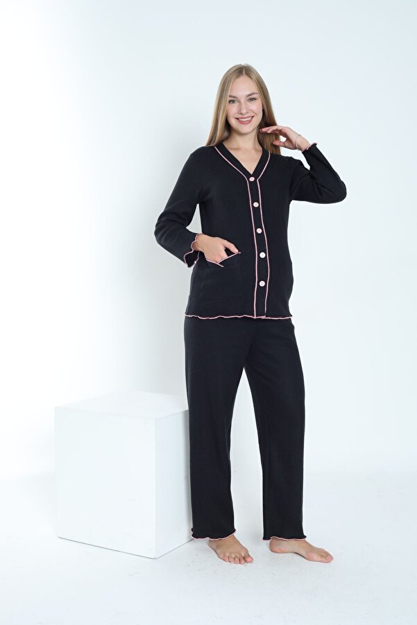 Miss Dünya Lissa Önden Düğmeli Ayarlanabilir Bel Kol ve Paça Fırfır Detaylı Hamile ve Lohusa Pijama Takımı