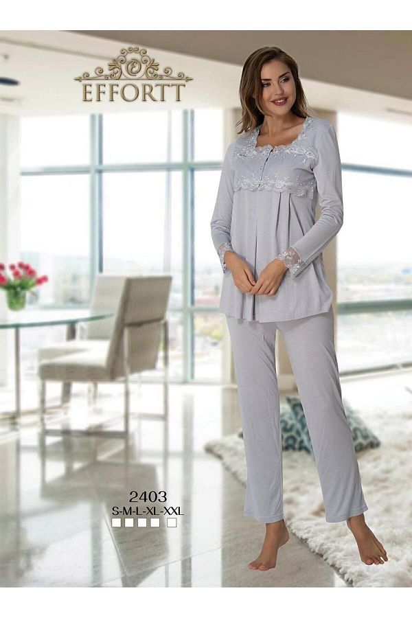 Effortt Pinnak Women s Gray Maternity Top and Bottom Pajama Set Trendyol