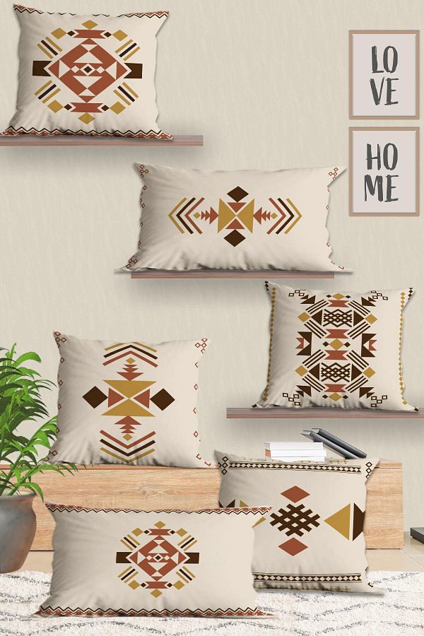 Belle Benoit-Modern Beige Ethnic 6-Piece Double-Sided Printed Rectangular 30x50 And 43x43 Square Throw Pillow Case Set 1