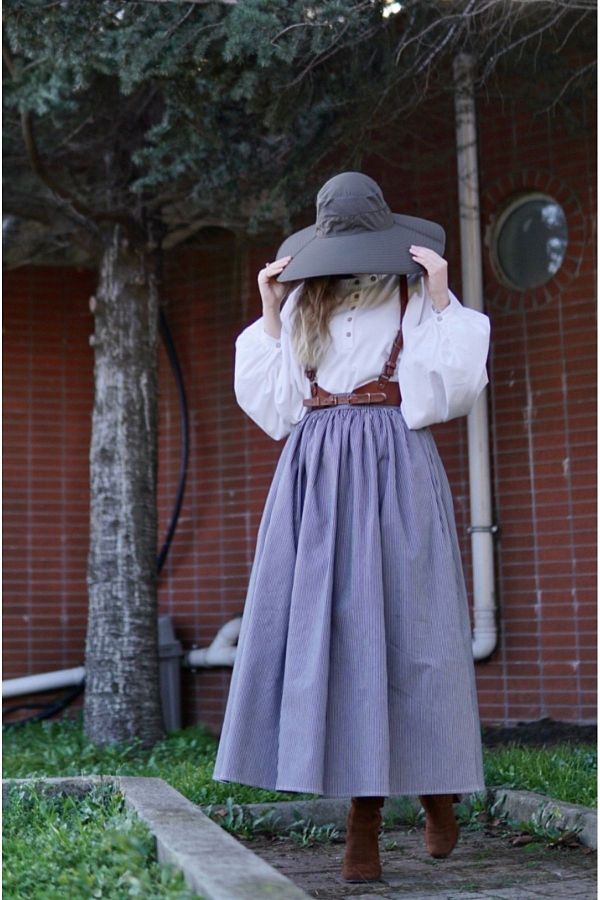 Launes Vintage Striped White Navy Denim Puffy Skirt with Pockets Trendyol