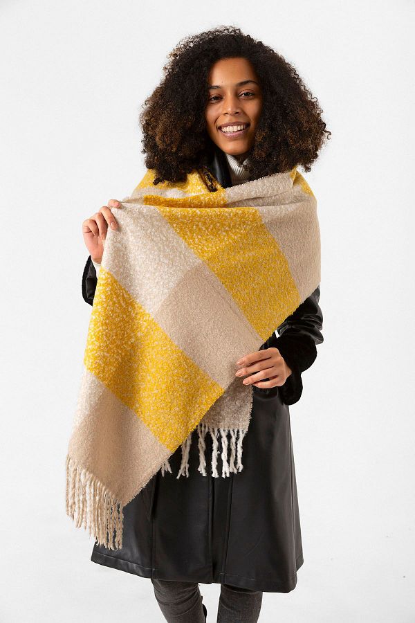 Luminos Butik Plaid Patterned Tasseled Soft Scarf Warm Saffron Beige and Mink Colors Sal1284 Trendyol
