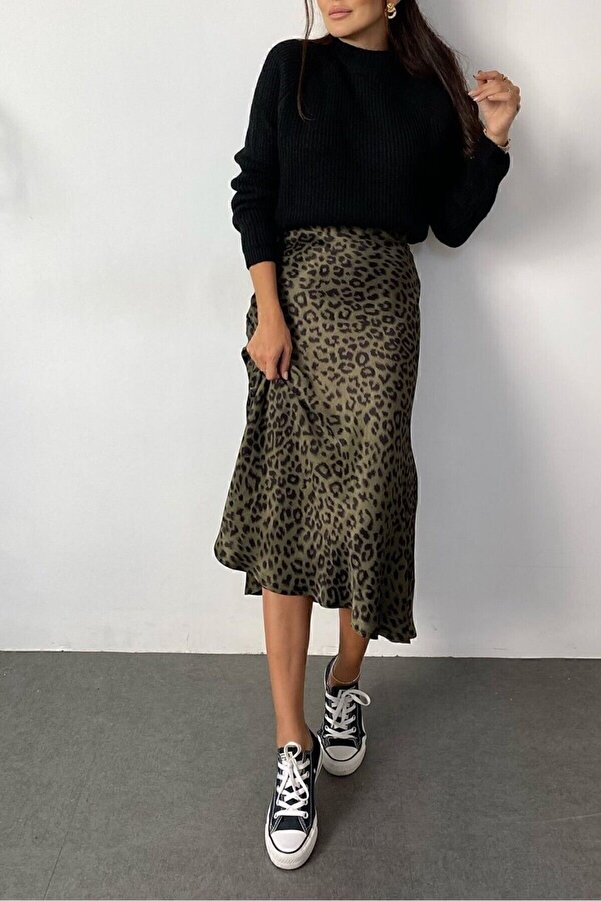 Hisleria Leopard Pattern Viscose Satin Midi Skirt Khaki Green