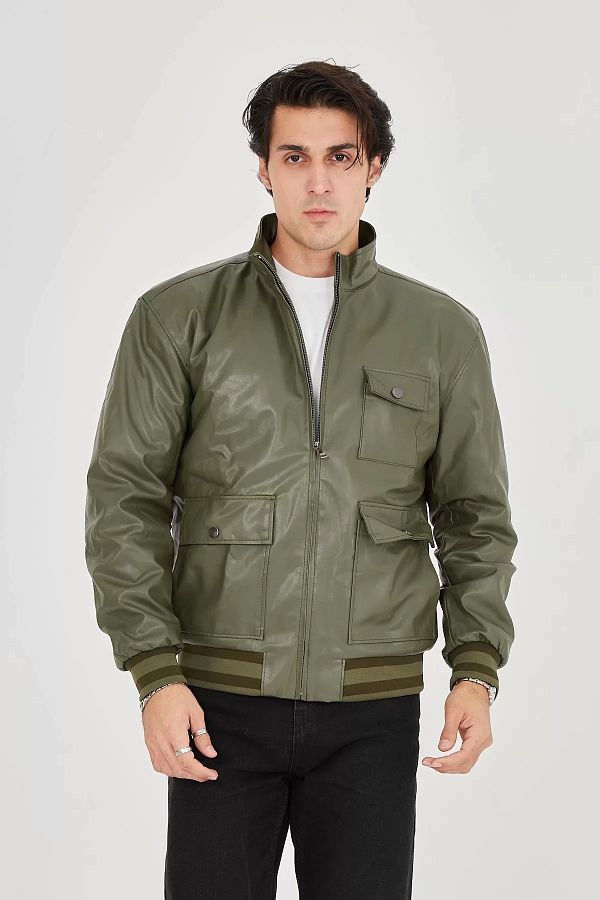 LUSH OWEAR Dark Green Men s Faux Leather Jacket Zippered and Lined Trendyol