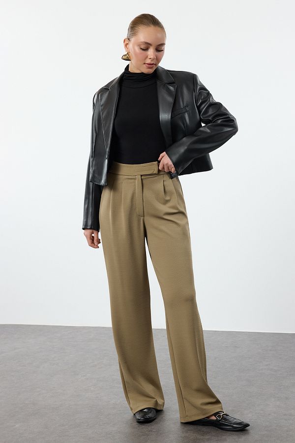 Trendyol Collection-Hose mit weitem Bein und hoher Taille und Klettverschluss - Dunkelkhaki Twoaw24pl00177 1