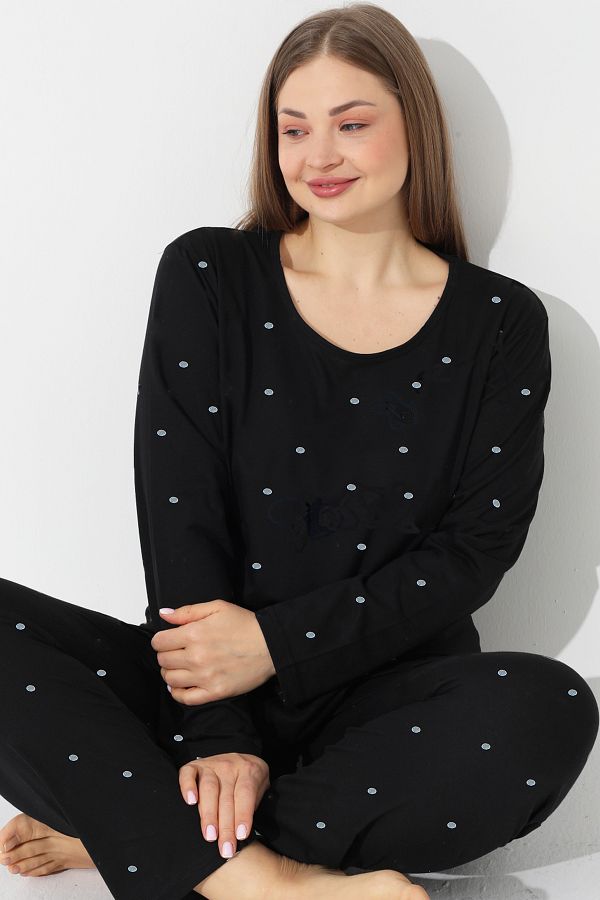 Siyah İnci-Black and White Point Pattern Curve Plus Size Oversize Bavlnené pyžamo Set 7616 1