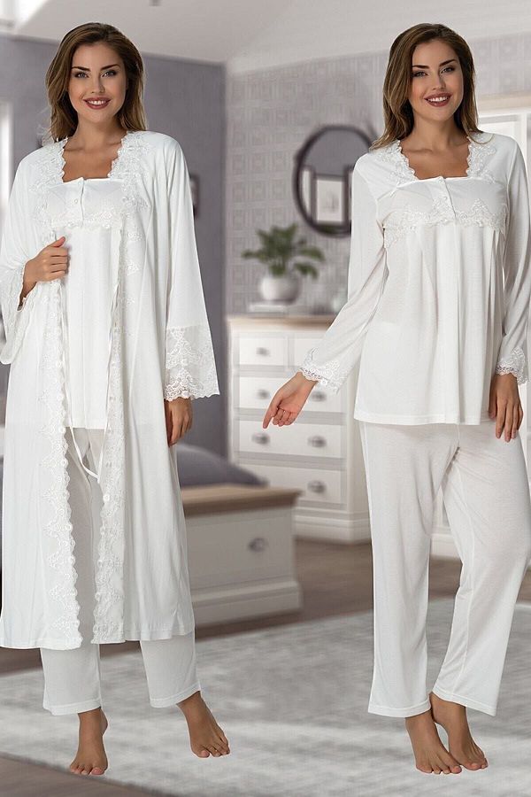 Effortt Maternity Long Sleeve Pajamas Dressing Gown Set Effort 7014 ecru Trendyol