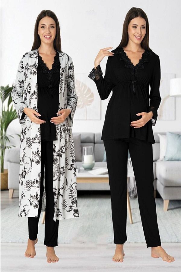 Effort Pijama-Zerre Bebe Women's Black Long Sleeve Maternity Pajamas Set Dressing Gown Maternity Set 1