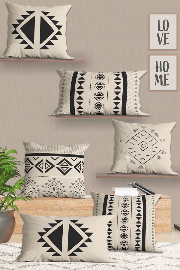 Belle Benoit-Modern 6-Piece Ecru Black Throw Pillow Set - Double Sided Printed, Rectangular and Square Cover 1